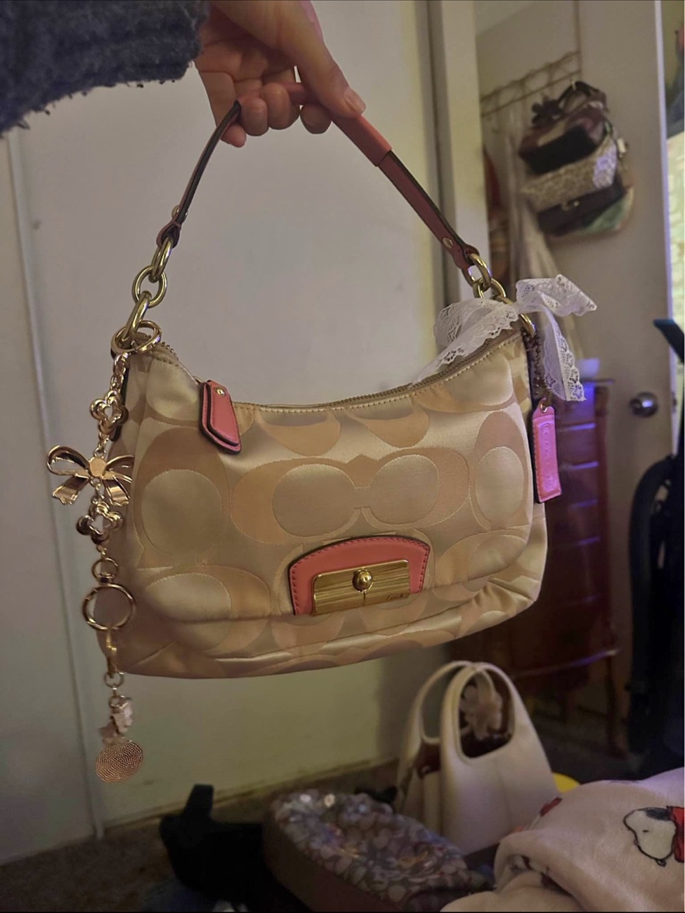 Vintage Coach Kristen Pink Trim Signature Jacquard Shoulder Bag